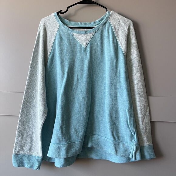 L.L.Bean Sweatshirt Womens Large Blue Green Raglan Textured Sleeves Pullover - Picture 1 of 9